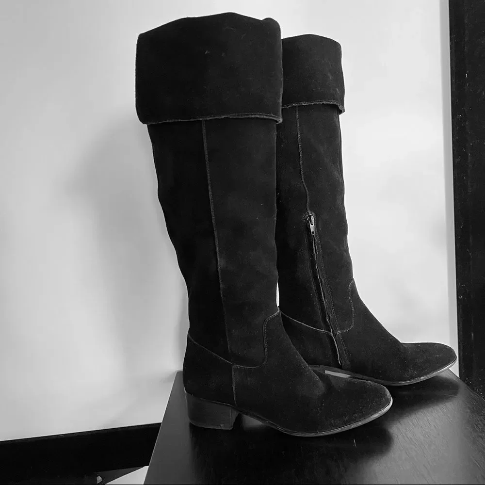 Steve Madden Tyga Suede Leather Black Over the Knee Boots 1.75” Block Heel Sz. 8
